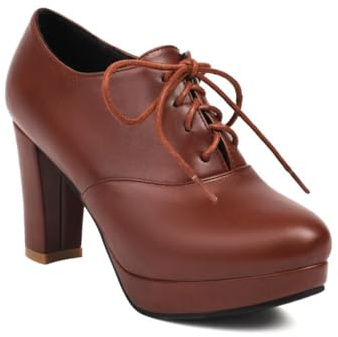 Generico Décolleté Oxford Plateau Donna con Lacci Punta Tonda Tacco Largo Tomaia Liscia Scarpe Eleganti Comode per Moda E Festa,Marrone,39 EU