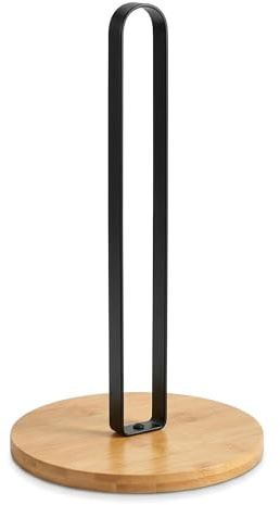 Kitchen Roll Holder, Paper Towel Holder Countertop With Wood Base, Black | Standing Paper Roll Holder, Stainless Steel, for Kitchen, Toilet, Pantry and Bathroom