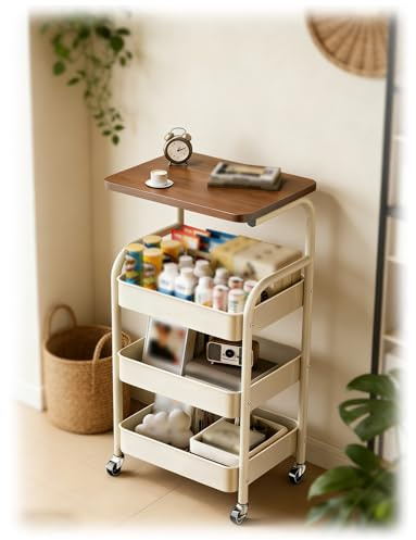 Rolling Storage Trolley with Wooden Top, Lockable Wheels – Multi-Purpose Metal Trolley on Wheels for Living Room, Bedroom, Kitchen(Cream,1.44x0.98x3.38 ft)