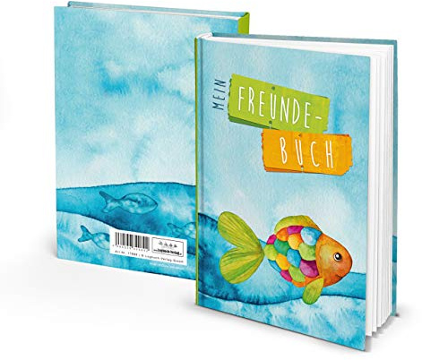 Maritimes vänskapsbok vändebok vänner DIN A5 HARDCOVER fisk färgglad turkos blå present-bok kommunion födelsedag skolstart regnbåge fisk
