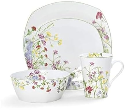 Mikasa Wildflower Garden Dinnerware Set, 16-Piece Bone China Dishes Service for 4, Square Plates and Bowls Set with Mugs, Floral Design, Dishwasher and Microwave Safe