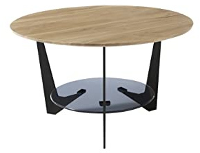 Robas Lund Couchtisch rund Eiche Massivholz, Wohnzimmertisch mit Glasablage grau, BxHxT 70x40x70 cm