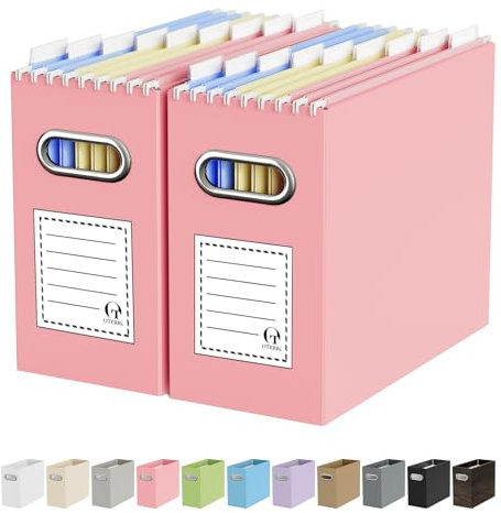 Oterri File Organizer Box, Portable Collapsible Cardboard File Folder Organizer with Handle for Letter Size Hanging Files, Document Storage Box for Home Office & Classroom (2 Packs, Pink)