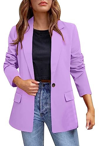 L9WEI Blazer elegante de manga larga abierta para mujer, chaqueta de oficina, color liso, solapa, otoño, invierno, ropa de abrigo fina, morado, S