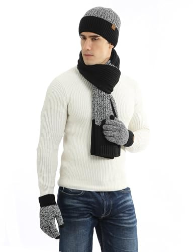 Hilmocho Homme Bonnet Écharpe et Gants à Ecran Tactile 3 Pièces Hiver Chaud Épaissir Chapeau Tricoté Longue Écharpe Tricoté avec Épaisse Polaire Doublure