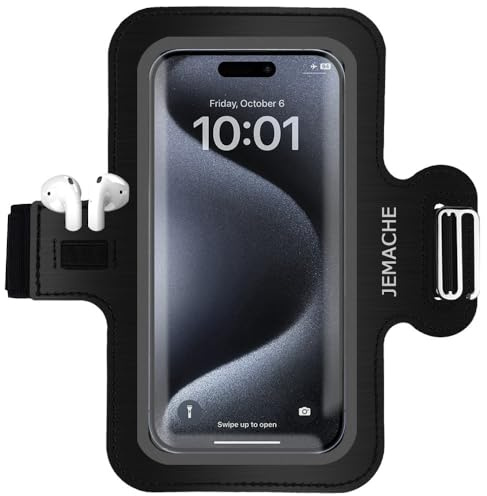 JEMACHE Slim Running Phone Armband for iPhone 17 16 15 14 Pro Max, Samsung Galaxy S26 S25 S24 S23 Ultra/Plus with Earphone Holder (Black, S)