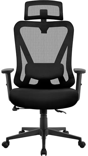 Yaheetech Poltrona/Sedia Ufficio Scrivania Ergonomica Lombare Schienale Reclinabile Bloccabile tra 90° e 130° a Rete Traspirante Braccioli Poggiatesta Regolabili a Ruote Girevole Nera