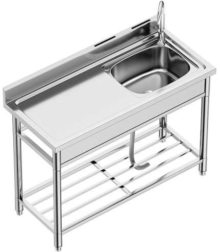 LAFATI Stainless Steel Utility Sink, 304 SUS Free Standing Kitchen Sink Single Bowl With Large Work Station Cold and Hot Water Pipe Undershelf Faucet Drainboard (39 Inch Right Bowl)