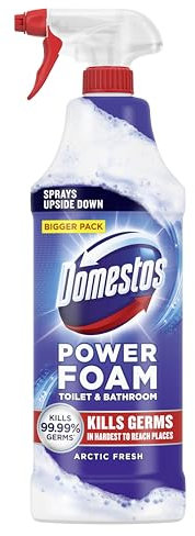 Domestos Power Foam Arctic Fresh Toilet & Bathroom Cleaner Spray sprays upside down & eliminates 99.99% of germs* for cleaning inside the toilet & around the bathroom 650 ml