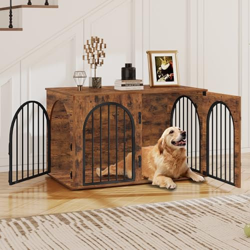 Hzuaneri Hundekäfig Möbel, 100cm Hundebox für Zuhause, 3 Türen, Bogentür, Moderne Hundebox Indoor für Hunde, Beistelltisch, Hundekäfig Hochbelastbar, 100 x 60 x 63 cm, Vintagebraun DFC84101B