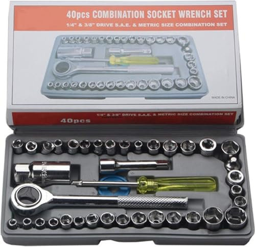SQUADO Kit Set Chiavi A Bussola con CRICCHETTO 40 Pezzi GIRAVITE Completo di Valigetta e Prolunga Pratico Per Riparazioni Moto Bicicletta Auto Set di strumenti Bussole