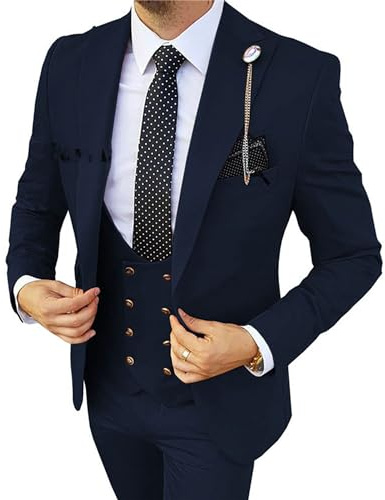 Costume Trois pièces à Double Boutonnage pour Homme Ensemble de dîner de Bal de Mariage Smoking à Bouton Unique Costume Gilet Pantalon Ensemble (Bleu Marine,TG)