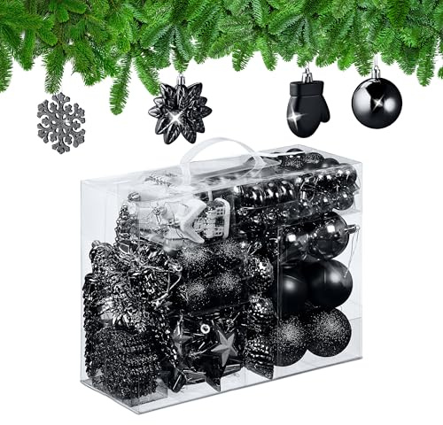 Relaxdays Weihnachtskugeln 100er Set, glitzernd, matt & glänzend, Baumschmuck, Kunststoff, Verschiedene Designs, schwarz