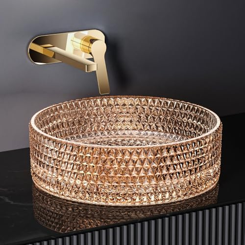 EMKE Vasque à Poser en Verre Cristal, Rond Or Rose, 360 x 360 x 112 mm | Lavabo Effet Diamant pour Salle de Bain et WC, Vasque de Luxe en Verre Trempé Sans Trou pour Robinet(Robinet Non Inclus)