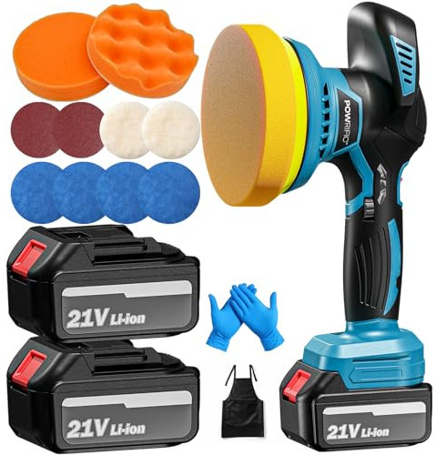 POWRIFIC 21V Akku-Poliermaschine Auto – Kabellose Exzenter-Poliermaschine mit 2 Akkus, 6 Geschwindigkeitsstufen, 2500-4500 RPM, inkl. Zubehör für Autoaufbereitung & Politur