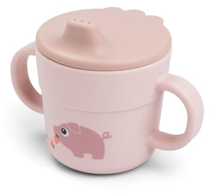 Done by Deer Foodie Tiny Farm Rosa - Vaso infantil 2 en 1 con asa y vaso para beber con tapa, Vaso con boquilla: 100% PP, Anillo de sellado: 100% silicona, Todas las piezas de grado alimentario