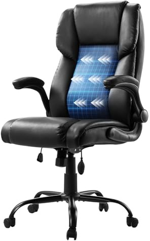 VEVOR Sedia Girevole da Ufficio con Braccioli Ribaltabili Cuscino Lombare, Poltrona Direzionale Ergonomica, Sedile da Ufficio in Pelle PU, Carico max. 136,08 kg Altezza Regolabile, Sedia da Studio