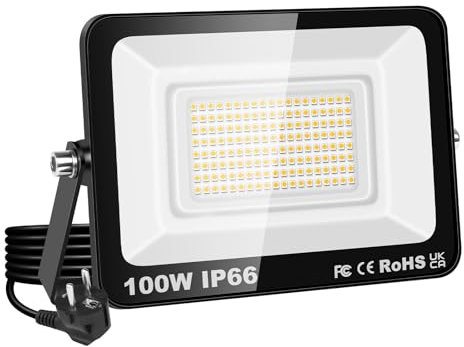 RIGIDON Projecteur Led Extérieur Avec Prise, 1x 100W 10000LM IP66 étanche Éclairage de Sécurité, Spot Led Lampe pour Patio Garage Terrasse Jardin Chantier Muraux Atelier, 3000K Blanc Chaud Luminaires