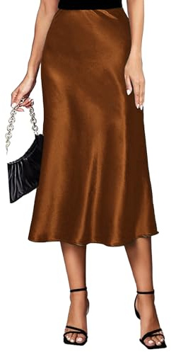 Koerye Jupe en Satin pour Femme Élégant Taille Haute Midi avec Fermeture Casual Élastique Jupe en Soie Millésime A Ligne Stretch Taille Jupes Marron,S
