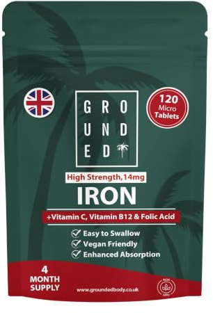 Grounded Iron Supplement with Vitamin C, Folic Acid & Vitamin B12 | 120 Micro Tablets, 4 Month Supply | Vegan-Friendly & Made in the UK