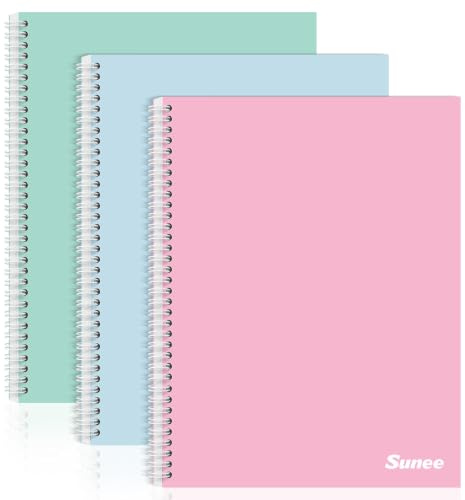 SUNEE A4 Notebook, Pack of 3 Notepads, Wirebound Notebooks, 80gsm Premium Paper, 100 Sheets / 200 Pages, 8mm Lined with Margin, 4-Hole Punched and Perforated Edge, Mint Green/Light Blue/Pink