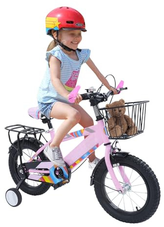 Mqwdxzfes 14 tums barncykel med korg och bakbänk, justerbar höjd barncykel med stödhjul, säker flickcykel, pojkcykel, nybörjarcykel för pojkar och flickor 3–6 år (lila/rosa) (rosa)