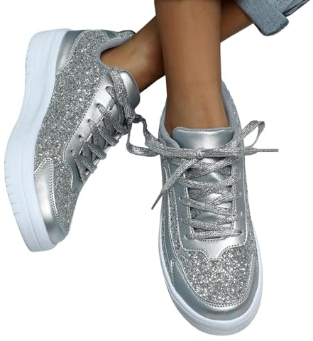 Nuqqichongtian Sneaker da donna con brillantini, leggere, con paillette metalliche, per matrimoni, scarpe da corsa, traspiranti, con lacci, scarpe da ginnastica, scarpe da tennis, comode da donna con