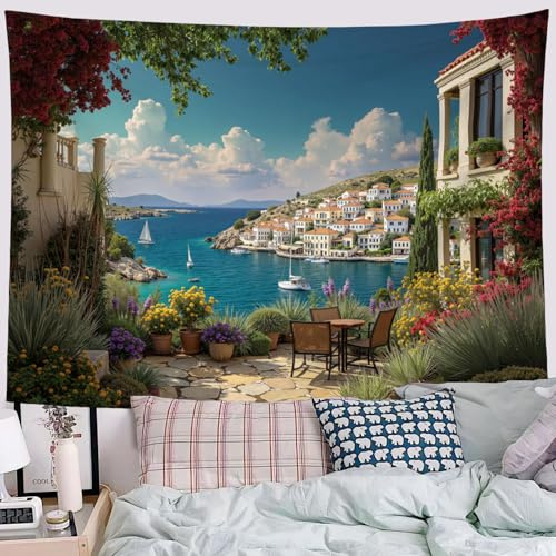 DLERFLOVR Tapiz Estético de Estilo Mediterráneo, 150x100 cm Tapiz de Pared Arte Mural Paisaje Urbano Griego Decorativo Pared de Tela para Sala de Estar, habitación, Dormitorio, Azul-Verde