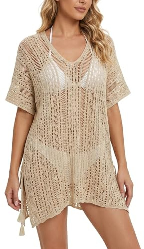 Gubilacrum Women Beach Cover Up, Lightweight Summer Beach Dress, UK Fit Casual Swimwear Coverups, Khaki Breathable Beachwear for Holiday, Pool, Vacation & Outdoor Wear