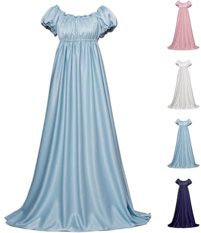 Robe de Soirée Femme Longue Robe Style Régence Regency Empire A-Line Taille Haute Satin Bretelles Col Caraco Cérémonie Mariage Fête Soirée Manches Courtes Bouffantes Ceinture Train Grande Taille