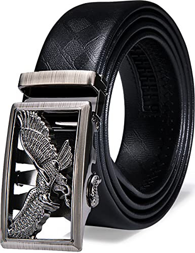 YOHOWA Men Cowhide Belt,Animal Belt 3D-Print Automatic Ratchet Buckle Black Waist Belt Holeless Designer Jeans/Cowboy Gift Box Silver Eagle