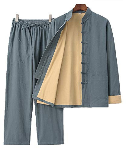 Herren Kung Fu Leinen Anzug - Traditionelle Lange ÄrmelKampfkunst Uniform Tai Chi Klassisch Tangzhuang,Geeignet für Morgengymnastik Judo Wushu Wing Chun(Color:grau Grün,Size:L)