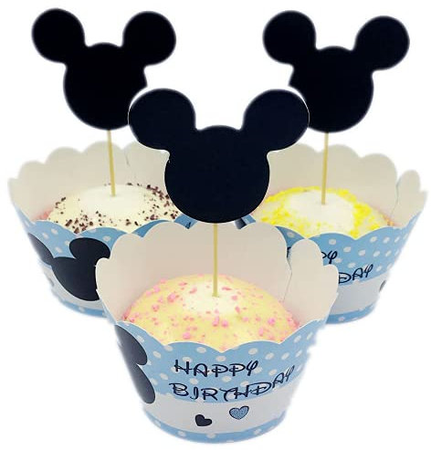 Miss-shop Topper de Gâteau,Mickey Cupcake Toppers et Wrappers 24 Pièces Décorations de Gâteau pour Les Enfants Anniversaire Bébé Douche Fête de d'anniversaire Mariage