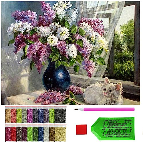 ARTULIO Diamond Painting Set - Ein Fliederstrauß mit einem Kätzchen - 30x40 cm – 5D Diamant Painting Bilder DIY, Diamond Painting Erwachsene