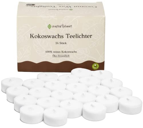 Kerzenmanufaktur x Crafted 4 Planet Reine Kokoswachs Teelichter (24 Stück) - Nachhaltige Weiße Öko Teelichter Ohne Hülle