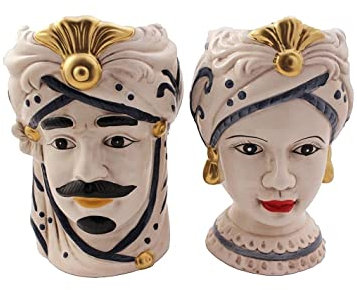 Coppia teste di moro in ceramica siciliana decorata a mano colore blu e oro vaso grande H 25 cm