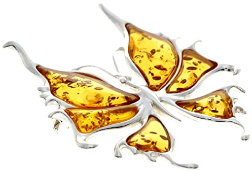 Broche de plata de ley 925 y ámbar báltico auténtico, exclusivo broche de mariposa masiva AD805, Plata esterlina, Ámbar