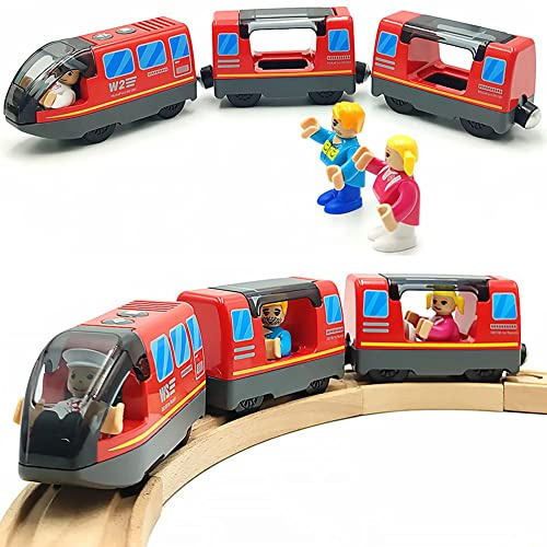 TOPLIVING Treno a batteria per ferrovia in legno, giocattolo per bambini da 3 a 4 anni, ragazzi, bambini, attacchi magnetici, veicoli da città con figure (senza batteria)