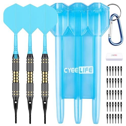 CyeeLife Dardos de Punta de plástico – Juego de Dardos Profesional de Punta Suave de 18 Gramos con Funda de Transporte y 30 Puntas de Dardos adicionales para Tablero de Dardos electrónico (Azul)