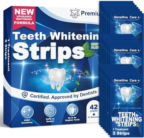 Zahnaufhellung Whitening Strips White Stripes Zähne: 42 Bleaching Zähne Stripes - 21 Whitening Sitzungen, Vinmal Zahnweiß streifen für Weiße Zähne zuhause, Non Sensitive Formel mit Minzgeschmack