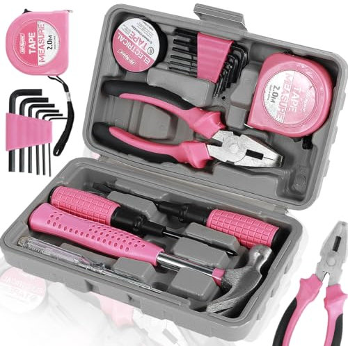 Pink Tool Kit—13Pcs Household DIY Hand Tool Set Multi-Purpose Home Repair Tool Box Include Hammer Allen Key Set Electrical Tape Screwdriver Test Pen Plier Bits (13pcs)