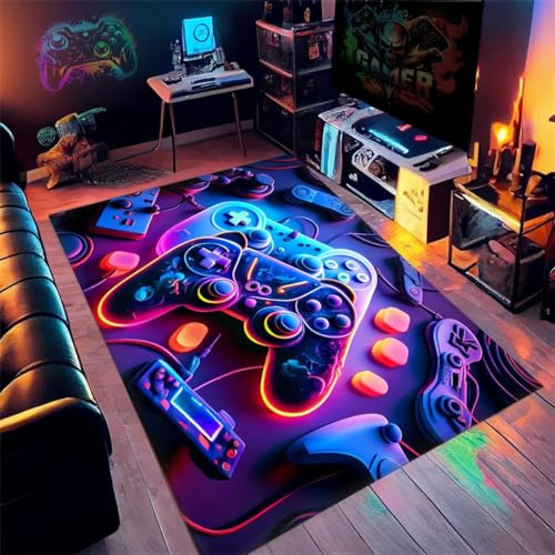 PEIHUODAN spelmatta för barnrum pojke cool 3D visuell neonljus stil anime graffiti mönster spelrum dekoration lämplig e-sport rum gaming rum för matta pojkar (marinblå, 120 x 180 cm