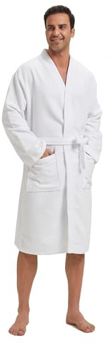 FashGudim Terry Cloth Robes for Men Big and Tall Short Mens Kimono Robe Super Absorbent Spa Bathrobe Calf Length With Pockets（White,S/M）