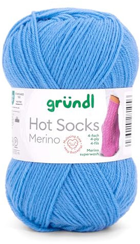 Gründl Hot Socks Merino, Sockenwolle blau mit Merinowolle, Strumpfwolle 4-fädig 50g / 200m, Sockengarn 4fädig uni einfarbig (19 jeansblau)