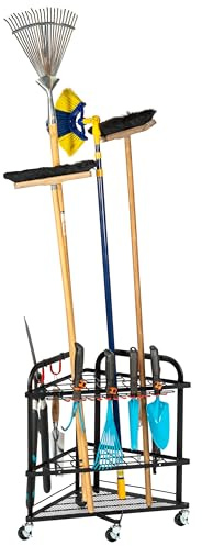 eluno Gartengeräte-Organizer, Eckregal mit abnehmbaren Haken, Gerätewagen als ideales Ordnungssystem für Haus- und Gartenwerkzeuge wie Besen, Hacke, Rechen, Spaten u.v.m. aus schwarzem Stahl