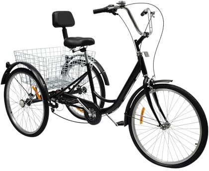 MccoMMon 24-Zoll-Dreirad für Erwachsene, 3-Rad-Seniorenfahrrad,höhenverstellbar, Fahrrad mit Einkaufskorb, Erwachsenen-Senioren- und Frauen-Lastenfahrrad (Schwarz)