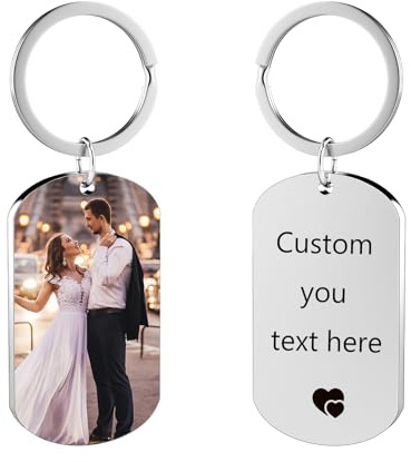 Eiwoty Llaveros personalizados con foto y texto, diseño a doble cara para hombre o mujer.Plateado A, 1.97X1.1