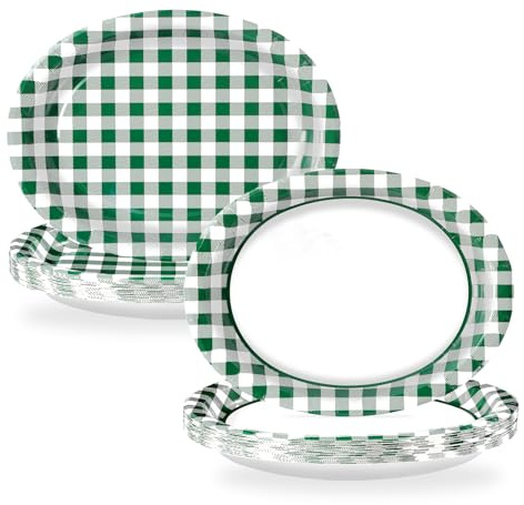 50Pcs Camp Bachelorette Oval Paper Plates 10 x 12 Large Disposable Heavy Duty Green White Gingham Checked Buffalo Plaid Dessert Platters Plates for Spring Camping Birthday Picnic BBQ Party Supplies