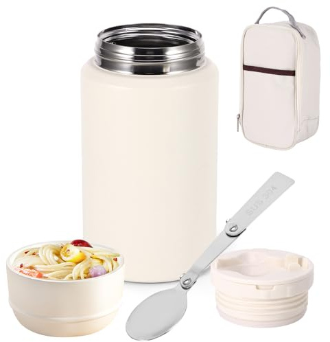 Hangrow Food Flask, 800ML 316 Stainless Steel Double Walled Insulated Food Flasks for Hot Food with Foldable Spoon and Bag, Soup Flask Insulated Food Container for School Office Work