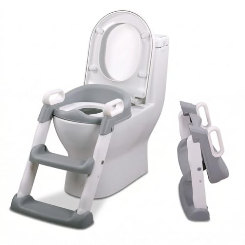 BATHBY Adaptador WC Infantil con Escalera | Asiento de Inodoro Plegable para Niños | Altura Ajustable con 2 Posiciones | Cojín Acolchado de PVC Impermeable | Pedal Antideslizante y Fácil de Montar